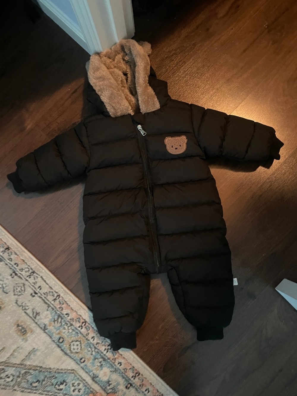 Kids Black Puffer One-Piece Snowsuit with Teddy Trim